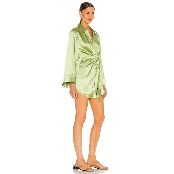 SONG OF STYLE Marta Pistachio Green Satin Mini Kimono Tie Shirt Dress, Size L - Picture 2 of 16